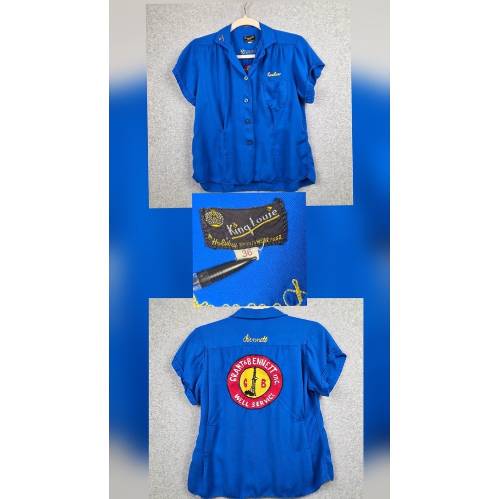 Vintage 50s King Louie Bowling Shirt Womens 36 Blue Grant & Bennett Well Service